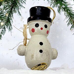Vintage Wooden Snowman Christmas Ornament Mini Top Hat Straw Broom